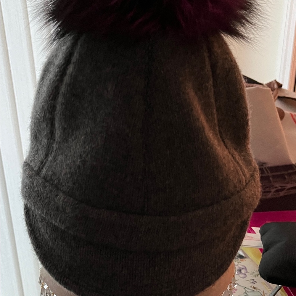 Portolano Dark Gray Beanie with Rich Burgundy Pom-Pom cashmere fox pom Pom